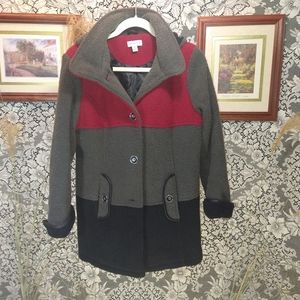 Susan Graver red grey black coat block pattern heavy jacket fleece hooded